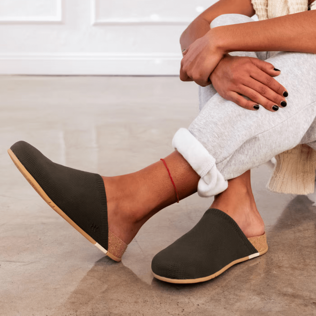 Closeup Henning Classic Mules in olive.