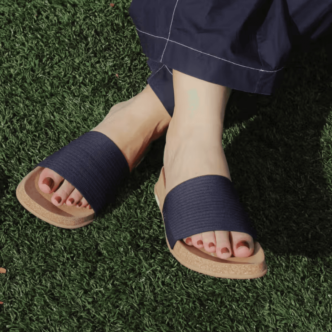 Closeup of midnight Mullen Ripple Slides