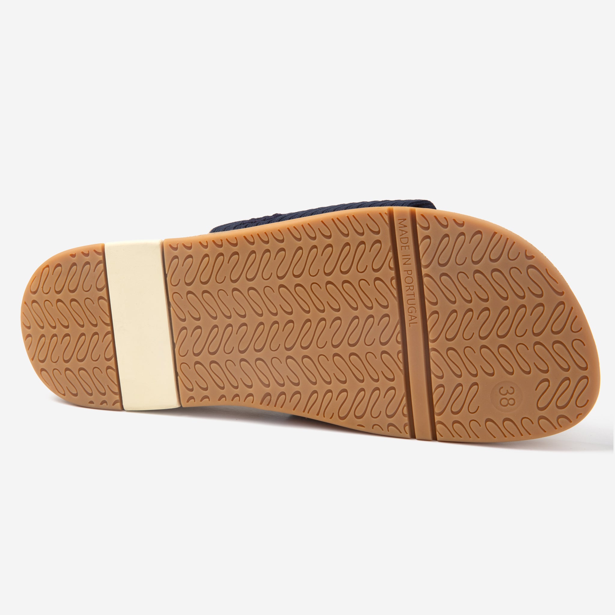 Close-up of a sandal sole with brown and beige tread pattern on a white background