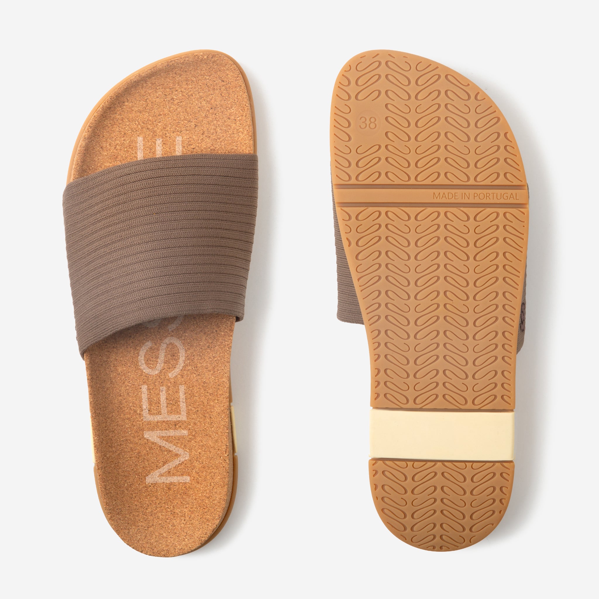 Brown slide sandal with 'Mies' branding on a white background