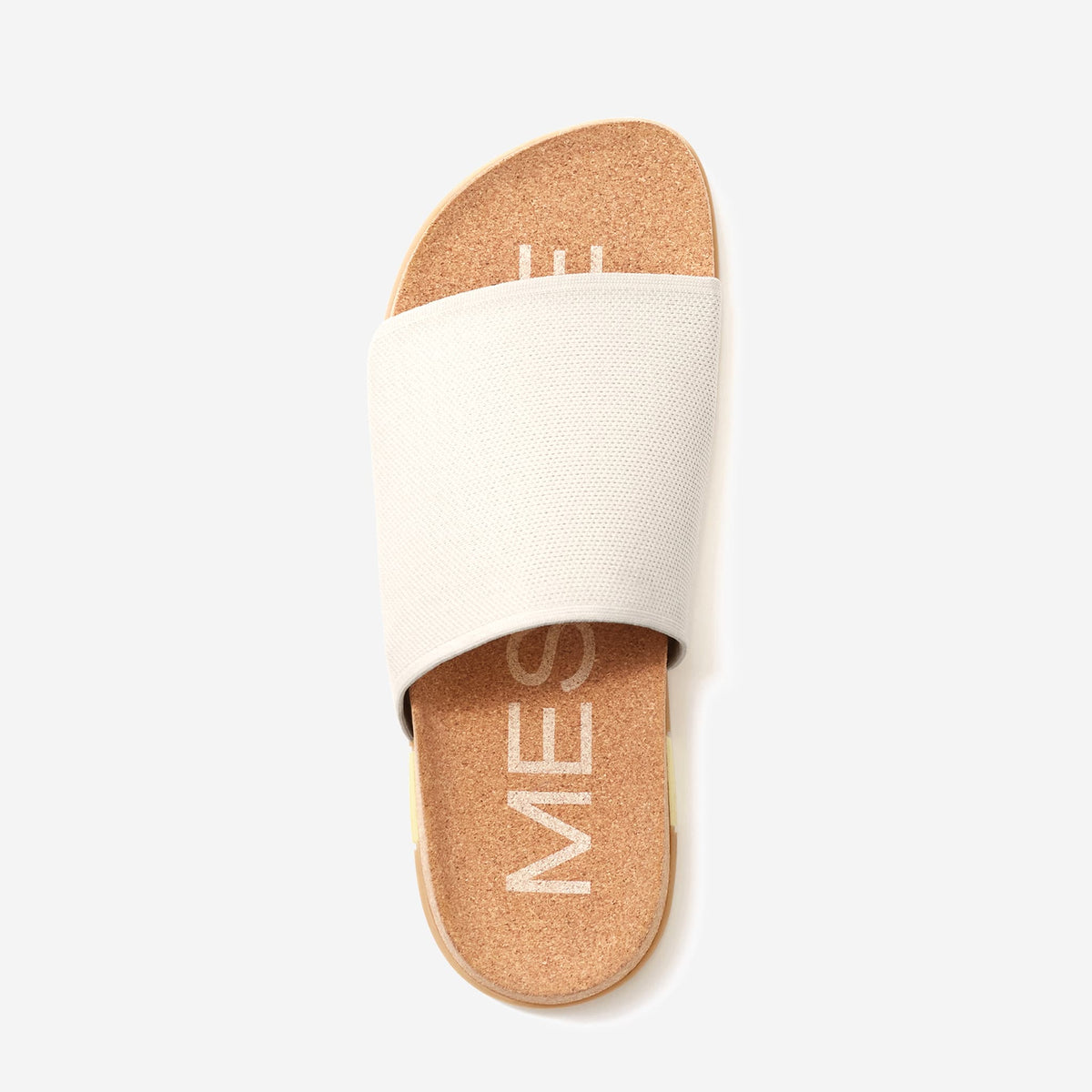 Creme Brulee slides viewed from above, featuring a ribbed-knit strap and natural cork footbed.