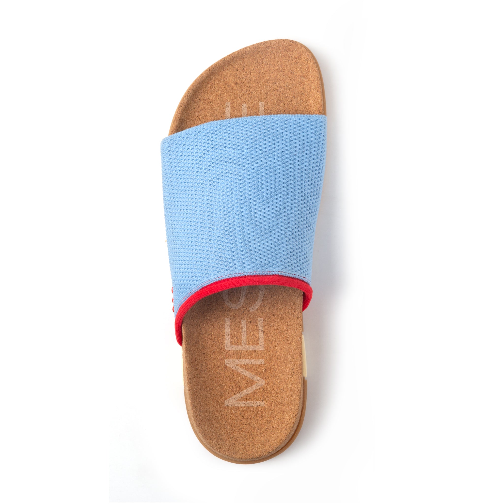 Slipper with blue top and brown sole on a white background