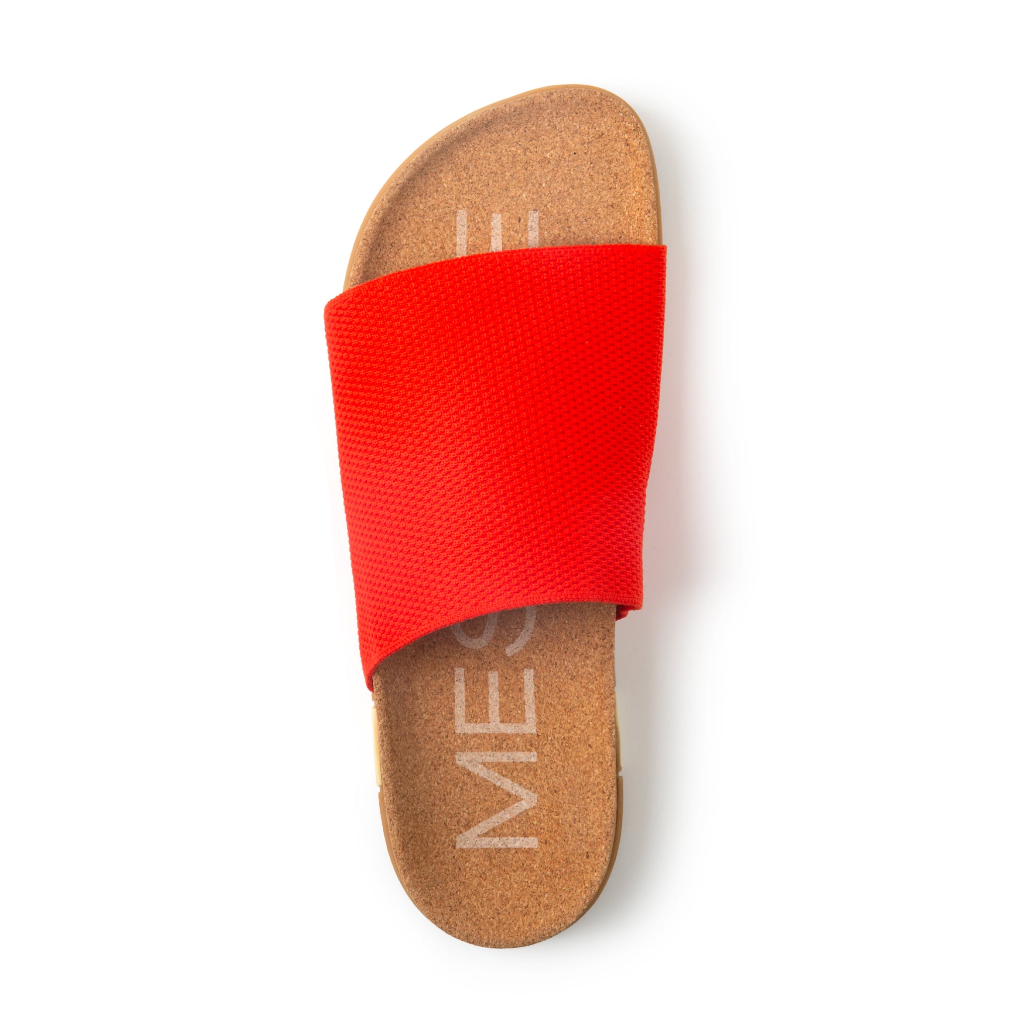 Red slide sandal with cork sole on a white background