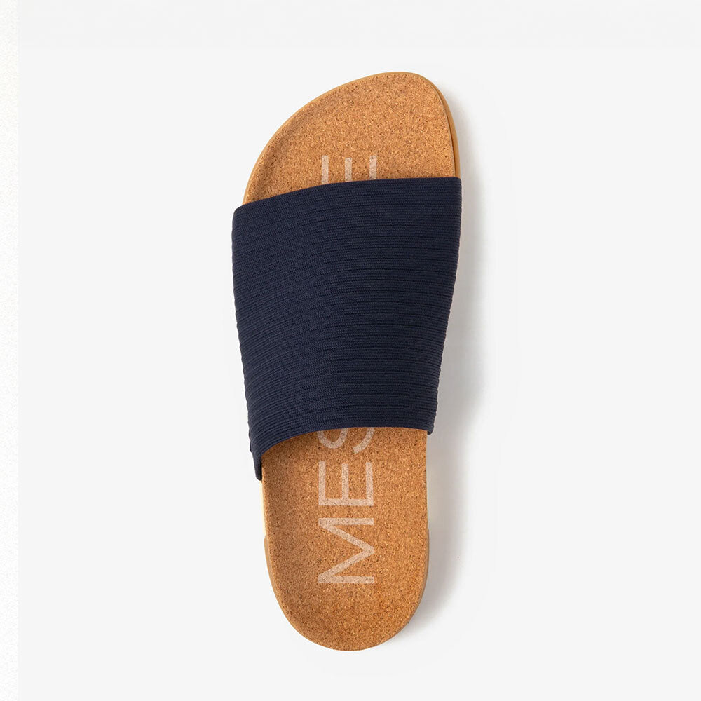 MESSAGE Shaw slide in Midnight Ripple with cork footbed, top view.