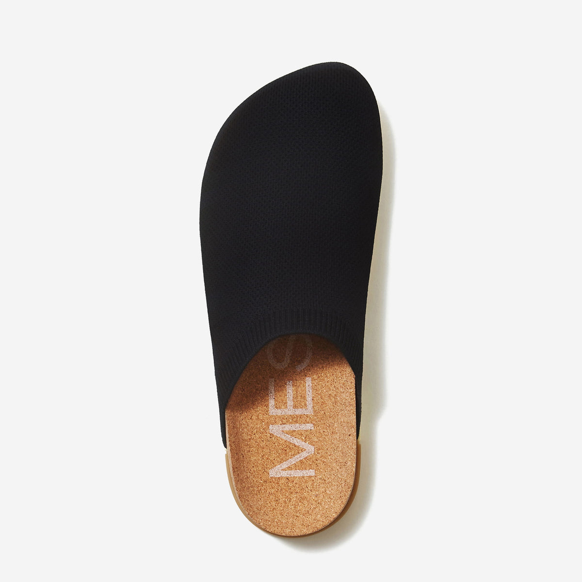 MESSAGE Henning Classic mule in Black with closed-toe knit upper and cork footbed, top view.