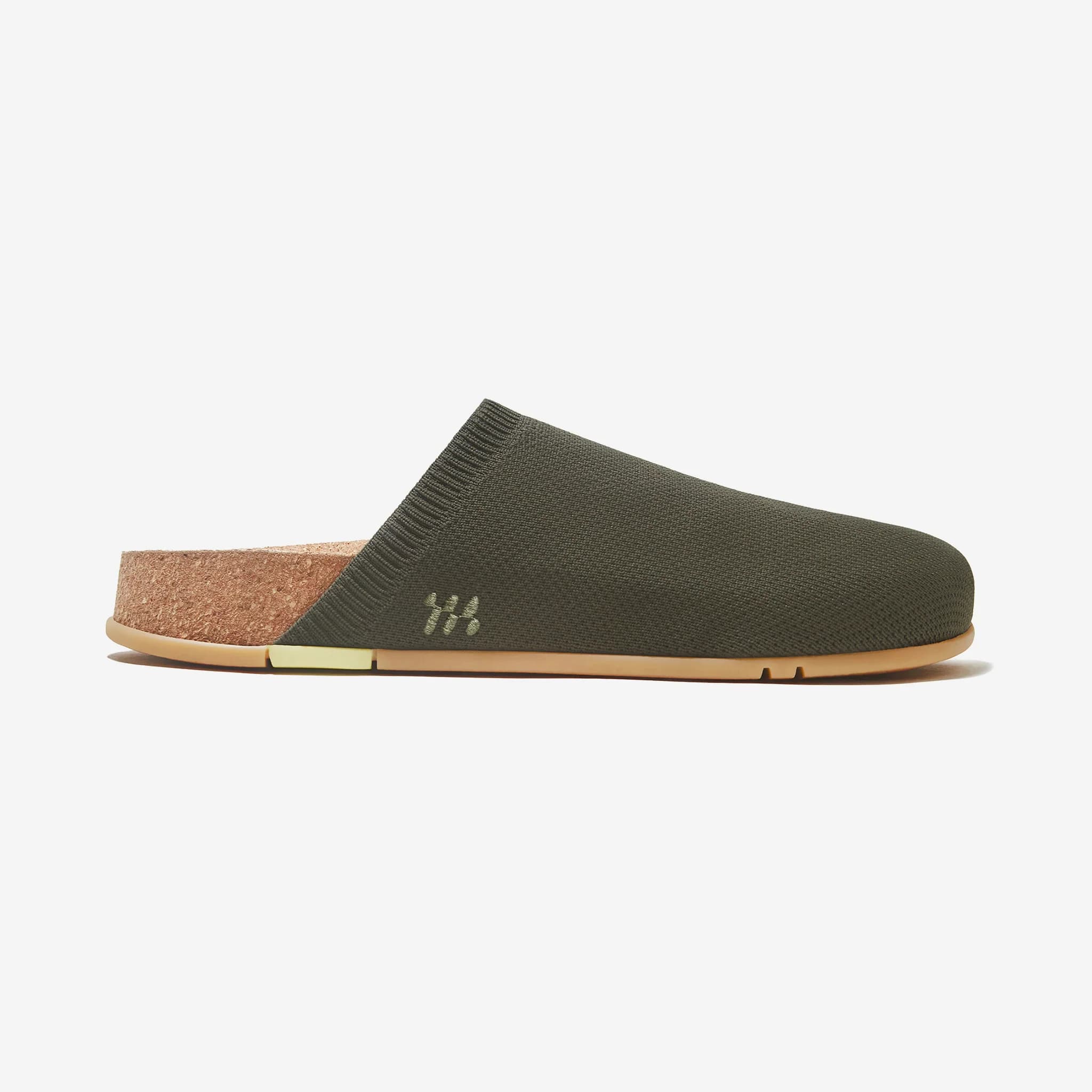 Olive mule with knit upper viewed from the side, featuring a natural cork footbed and natural rubber sole.