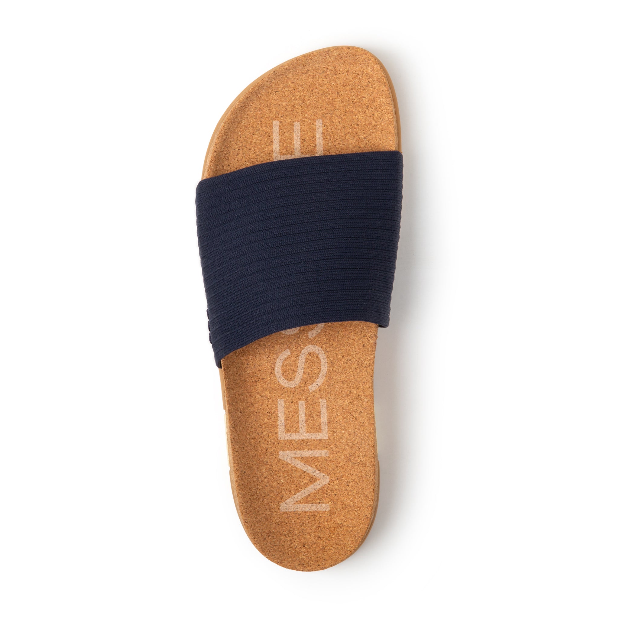Cork sandal with navy band on a white background