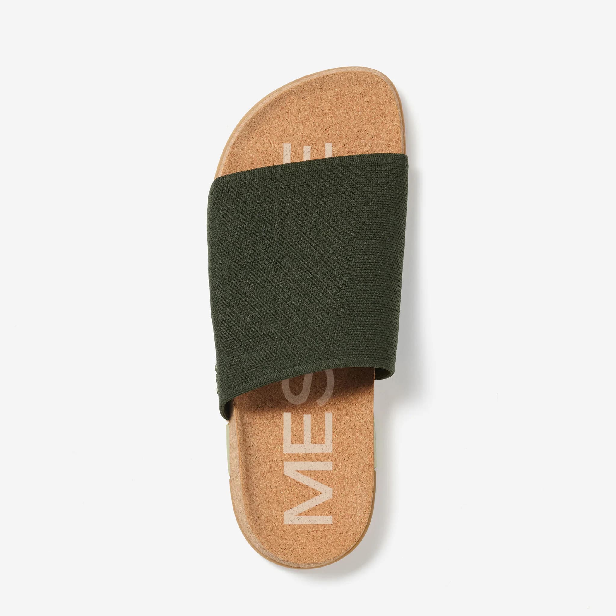 Olive green slide sandal shown from above, featuring a knit strap and natural cork footbed.