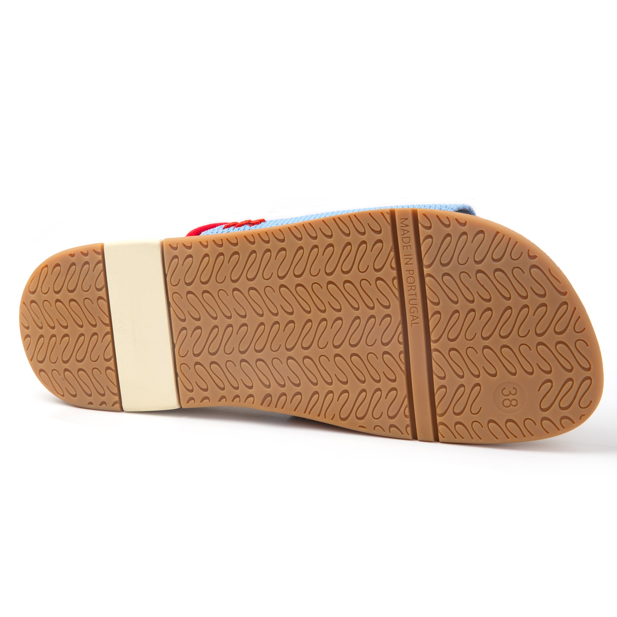 Close-up of a shoe sole with brown tread pattern on a white background