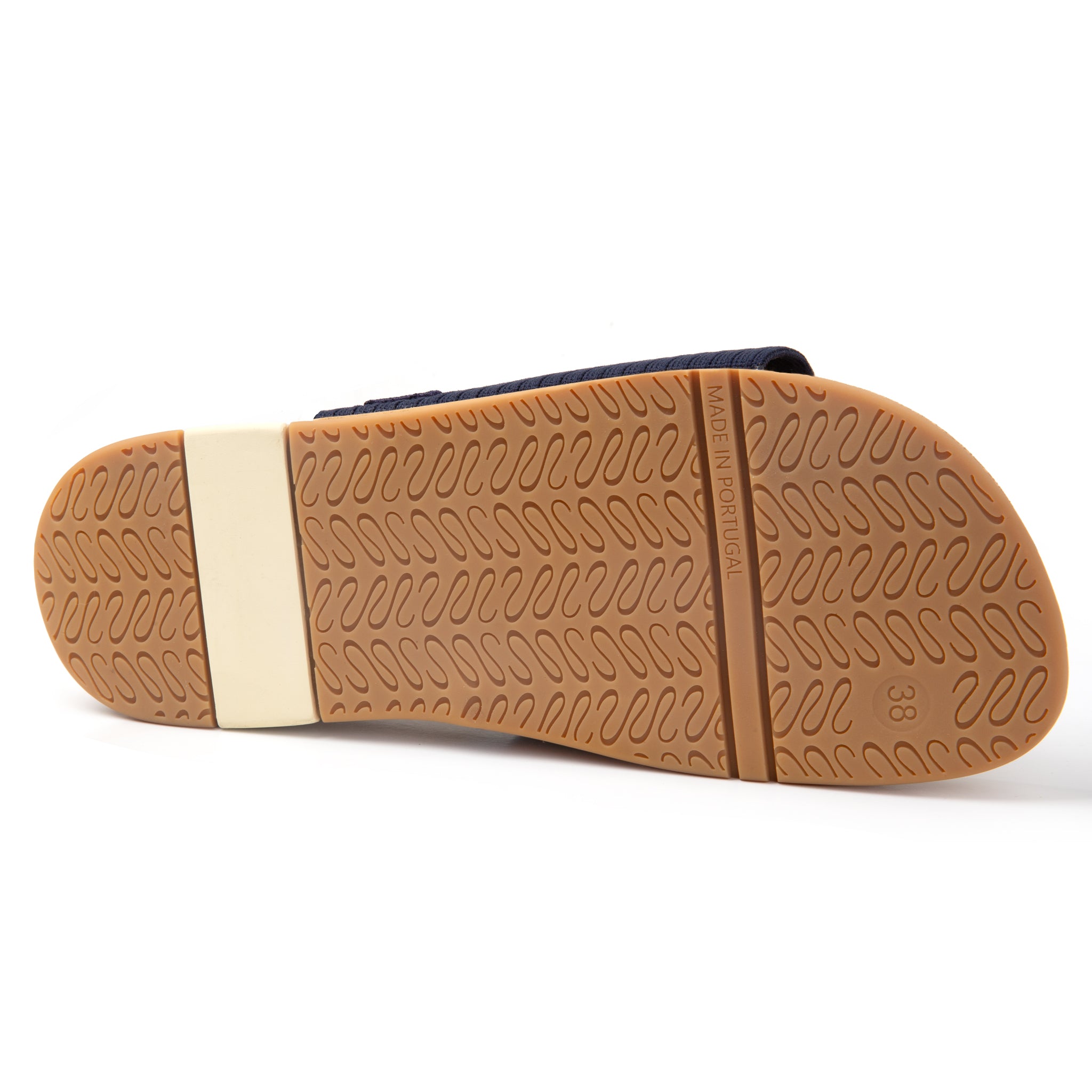 Close-up of a shoe sole with brown tread pattern on a white background