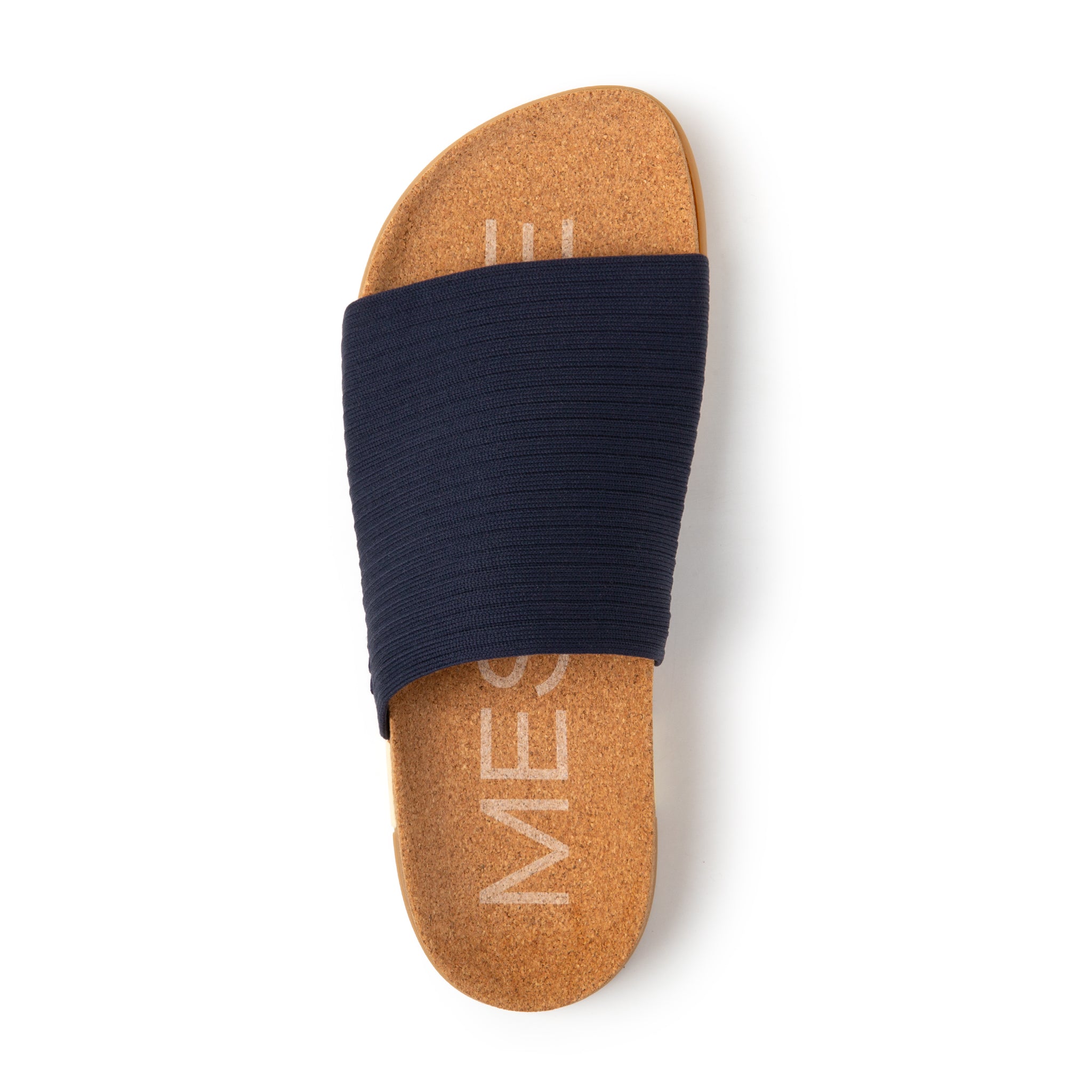 Cork sandal with a navy band on a white background