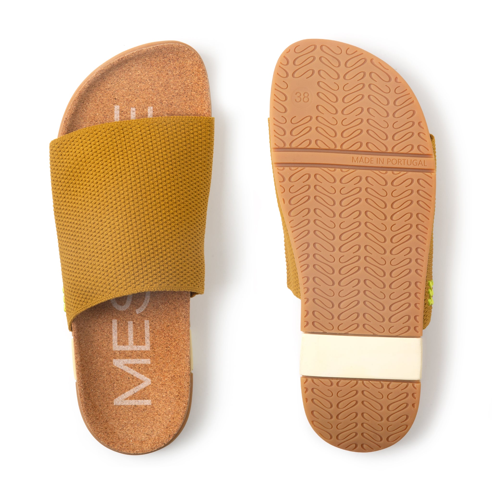 Brown slide sandal with yellow strap on a white background