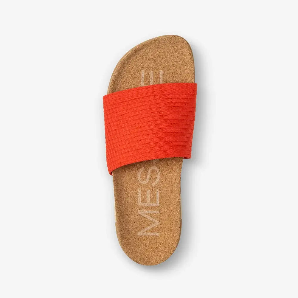 MESSAGE Mullen slide in Vermillion Ripple with cork footbed, top view.