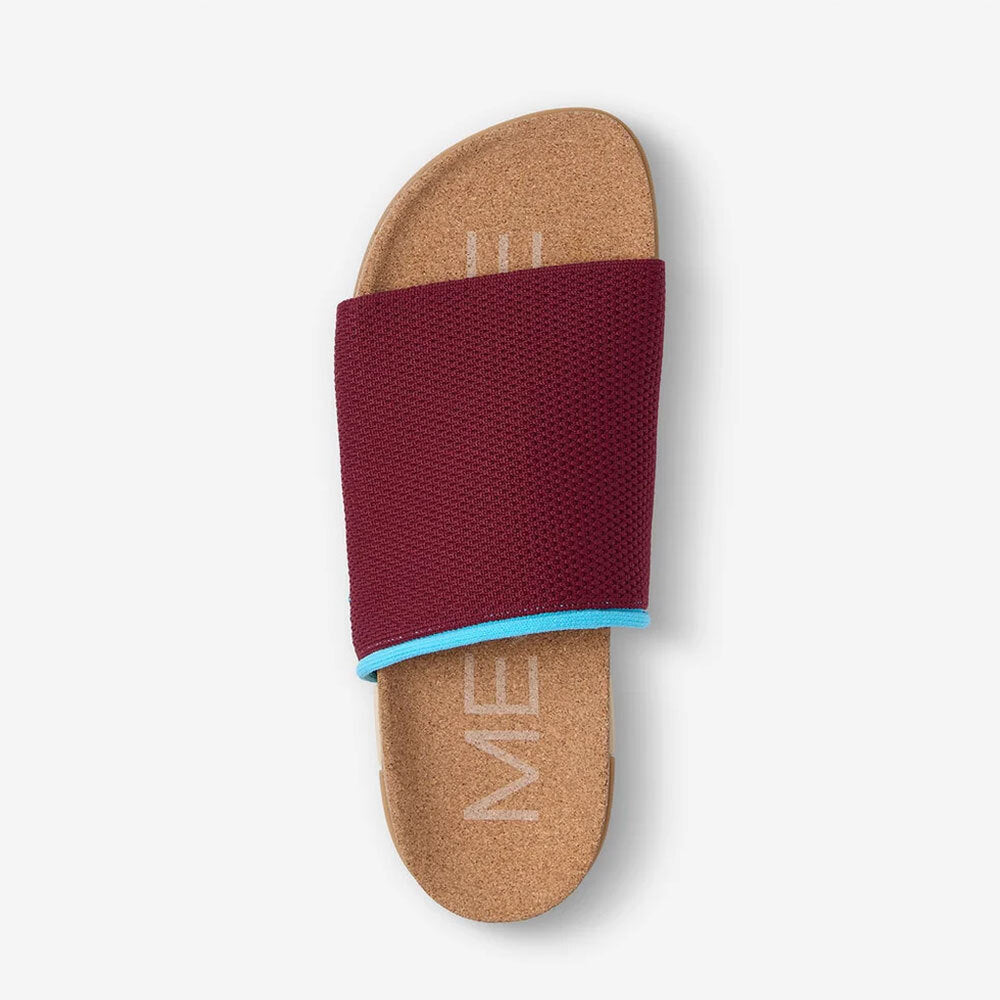 MESSAGE Shaw slide in House Red with cork footbed, top view.