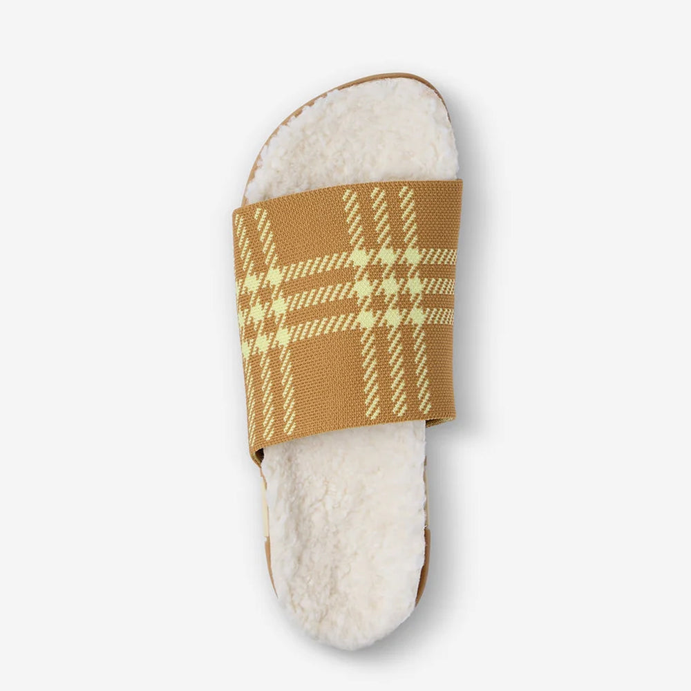 MESSAGE Shearling Shaw slide in Camel plaid, top view.