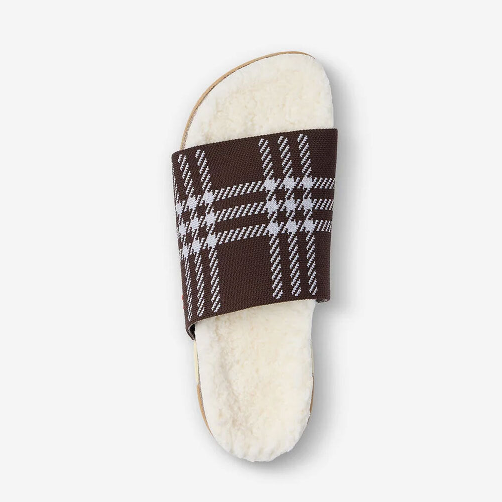 MESSAGE Shearling Shaw slide in Oxford plaid, top view.